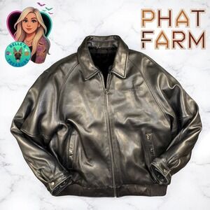 PHAT FARM Mens 4XL Genuine Leather Bomber Jacket Fully Faux Fur Lined Y2K Street